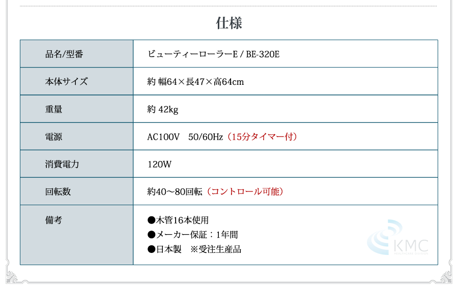 中旺ヘルスローラーマッサージャー ビュティーローラーE　BE-320E　仕様 