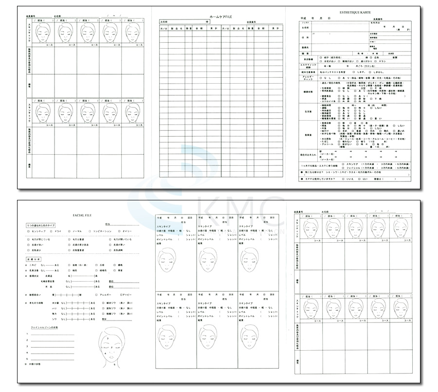 エステティックカウンセリングカルテ◇フェイシャルトータルカウンセリング専用カルテ。　アレルギーチェック、健康状態、生活面、食事面、肌タイプ、フェイシャル　ゾーンの状態、肌分析、フォトエステ、ホームケア商品記録が行える　エステ全般に活用できるカルテです。【製品仕様】サイズ：A4判両面（50枚入）